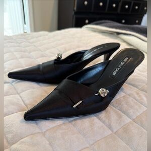 Amazing Sergio Rossi Black Satin Tuxedo Mules Rhinestone Ball Pin 38